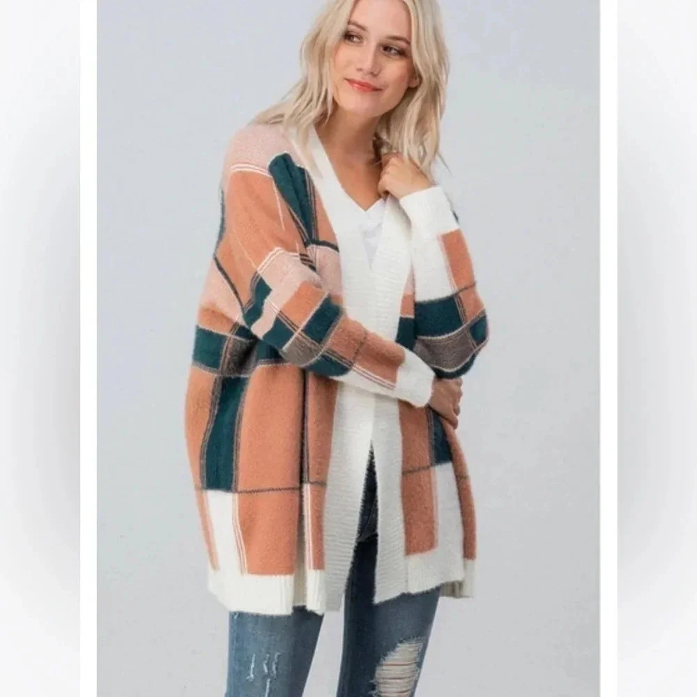 Dreamers Colorblock Cardigan Blush Pink Green Cozy Open Front Sweater M L Boho